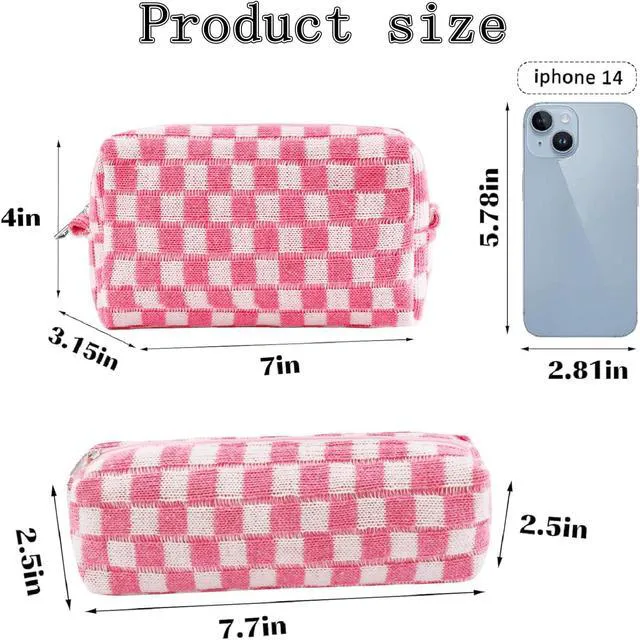 Alt view image 4 of 7 - 2Pcs Checkered Pencil Case Cute Pencil Pouch for Teens Pink Checkered Makeup Bag Travel Cosmetic Bag Set Cute Preppy Makeup Pouch for Purse Portable Zippered Skincare Toiletry Bags Organizer