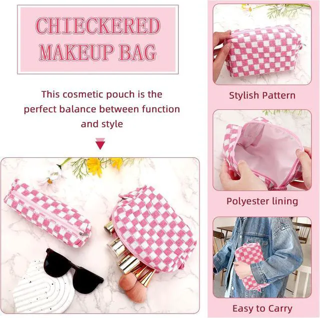 Alt view image 6 of 7 - 2Pcs Checkered Pencil Case Cute Pencil Pouch for Teens Pink Checkered Makeup Bag Travel Cosmetic Bag Set Cute Preppy Makeup Pouch for Purse Portable Zippered Skincare Toiletry Bags Organizer
