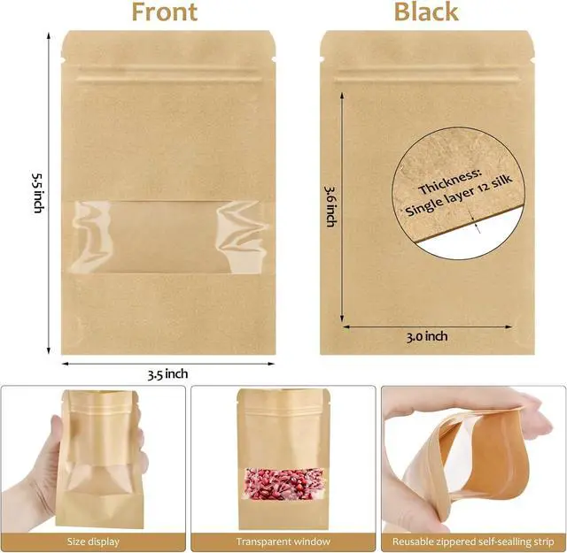 Alt view image 2 of 7 - 100 Pcs Small Resealable Seed Envelopes, Mini Zip Lock Kraft Bags with Window, 3.5"x5.5" Coffee Sample Bag Resealable Ziplock Bags, Small Business for Samples Food Storage Bag
