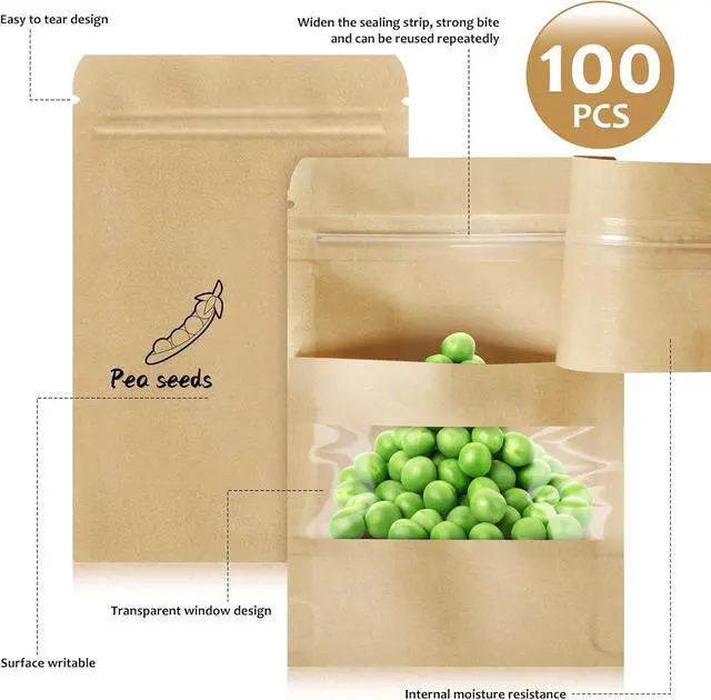 Alt view image 3 of 7 - 100 Pcs Small Resealable Seed Envelopes, Mini Zip Lock Kraft Bags with Window, 3.5"x5.5" Coffee Sample Bag Resealable Ziplock Bags, Small Business for Samples Food Storage Bag