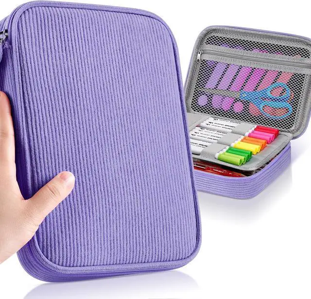 Main image of Large Capacity Pencil Pouch Organizer | Soft Corduroy Pencil Box for Girls Boys Teens | Cute Big Pen Bag with Multiple Zipper Pockets - Pencil Case Storage for Art Supplies & Stationery-Purple