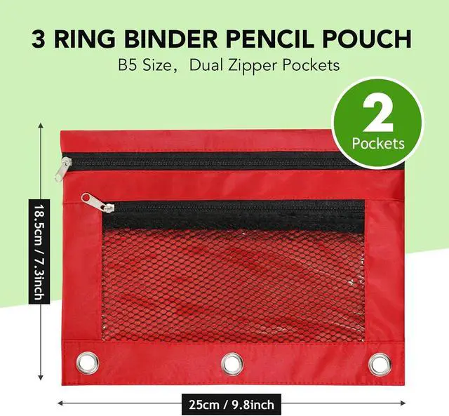 Alt view image 2 of 7 - Pencil Pouch for 3 Ring Binder, Heavy Duty Canvas Dual Zipper Pen Bag with Clear Window, Smooth Metal Zipper, Fit Standard 3-Ring Binders for School Office Travel Supplies (Red)