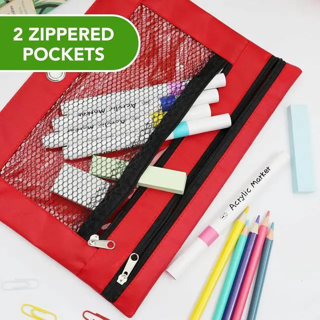 Alt view image 6 of 7 - Pencil Pouch for 3 Ring Binder, Heavy Duty Canvas Dual Zipper Pen Bag with Clear Window, Smooth Metal Zipper, Fit Standard 3-Ring Binders for School Office Travel Supplies (Red)