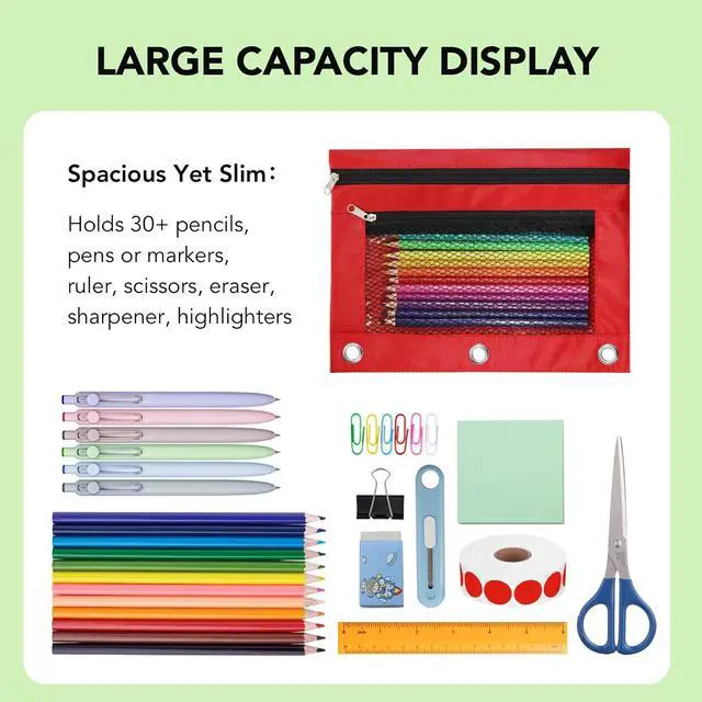 Alt view image 3 of 7 - Pencil Pouch for 3 Ring Binder, Heavy Duty Canvas Dual Zipper Pen Bag with Clear Window, Smooth Metal Zipper, Fit Standard 3-Ring Binders for School Office Travel Supplies (Red)