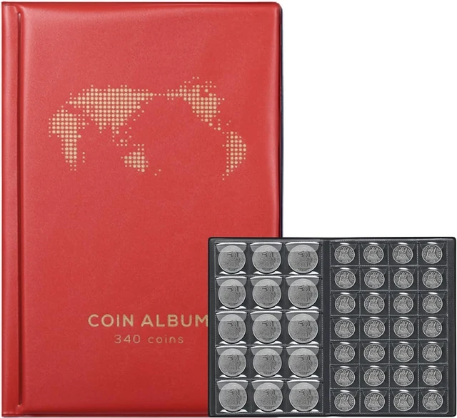 Main image of Coin Album for Collectors,340 Pockets Coin Collection Book | Coin Holder Display Storage Album, Collecting Sleeves Organizer Supplies for Coins, Pennies, Quarters, Badges, Red