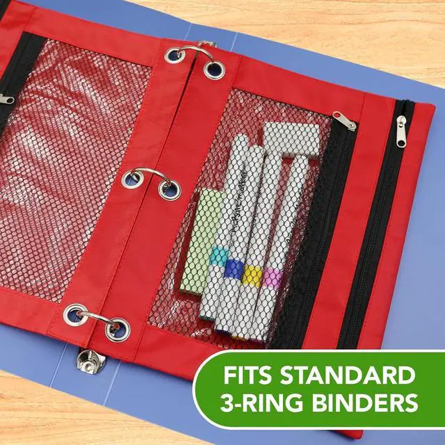 Alt view image 4 of 7 - Pencil Pouch for 3 Ring Binder, Heavy Duty Canvas Dual Zipper Pen Bag with Clear Window, Smooth Metal Zipper, Fit Standard 3-Ring Binders for School Office Travel Supplies (Red)