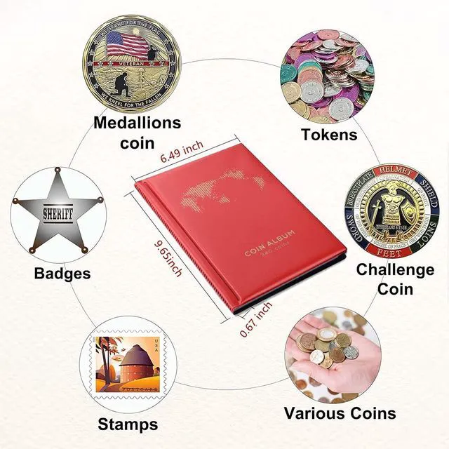 Alt view image 2 of 6 - Coin Album for Collectors,340 Pockets Coin Collection Book | Coin Holder Display Storage Album, Collecting Sleeves Organizer Supplies for Coins, Pennies, Quarters, Badges, Red