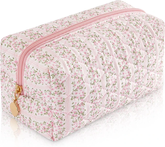 Main image of Makeup Bag Travel Toiletry Bag for Women, Small Cosmetic Bags Cute Quilted Cotton Makeup Pouch for Purse Emergency Bag Pencil Case Accessory Bag, Pastel Pink