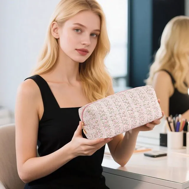 Alt view image 2 of 7 - Makeup Bag Travel Toiletry Bag for Women, Small Cosmetic Bags Cute Quilted Cotton Makeup Pouch for Purse Emergency Bag Pencil Case Accessory Bag, Pastel Pink