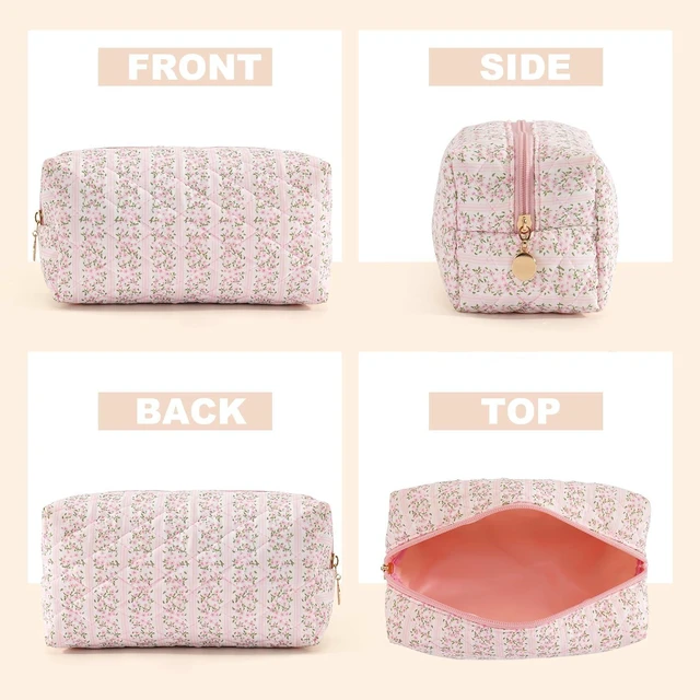 Alt view image 3 of 7 - Makeup Bag Travel Toiletry Bag for Women, Small Cosmetic Bags Cute Quilted Cotton Makeup Pouch for Purse Emergency Bag Pencil Case Accessory Bag, Pastel Pink