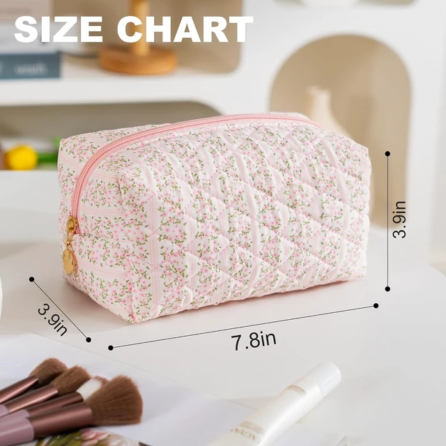 Alt view image 4 of 7 - Makeup Bag Travel Toiletry Bag for Women, Small Cosmetic Bags Cute Quilted Cotton Makeup Pouch for Purse Emergency Bag Pencil Case Accessory Bag, Pastel Pink