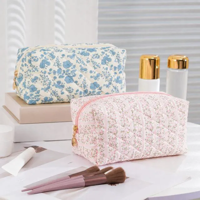 Alt view image 7 of 7 - Makeup Bag Travel Toiletry Bag for Women, Small Cosmetic Bags Cute Quilted Cotton Makeup Pouch for Purse Emergency Bag Pencil Case Accessory Bag, Pastel Pink