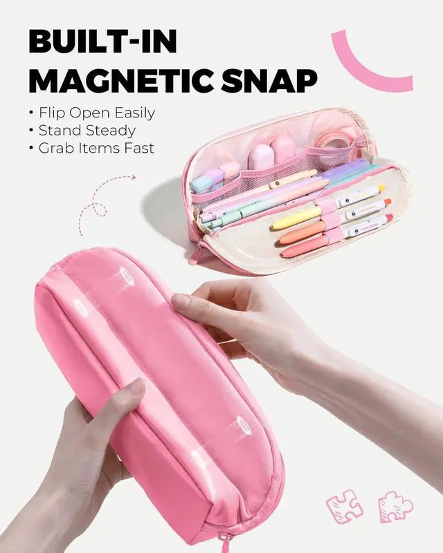 Alt view image 2 of 7 - Magnetic Triangular Pencil Case Pink | Magnetic Stay-Open Design, Stain-Resistant PP Inner Lining Waterproof Oxford Cloth, Transparent Pocket with Weekly Planner