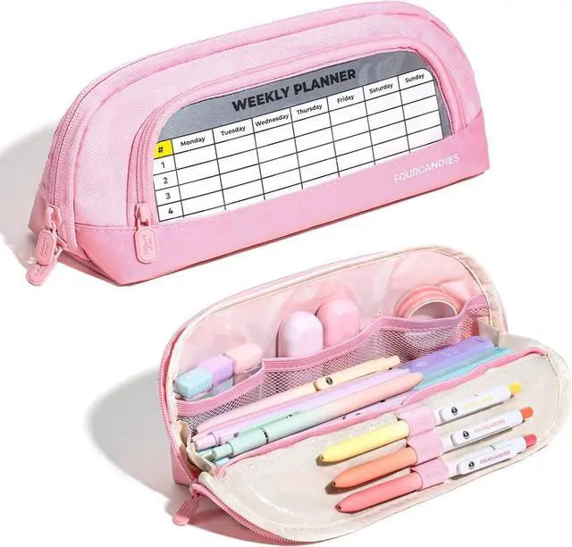 Main image of Magnetic Triangular Pencil Case Pink | Magnetic Stay-Open Design, Stain-Resistant PP Inner Lining Waterproof Oxford Cloth, Transparent Pocket with Weekly Planner