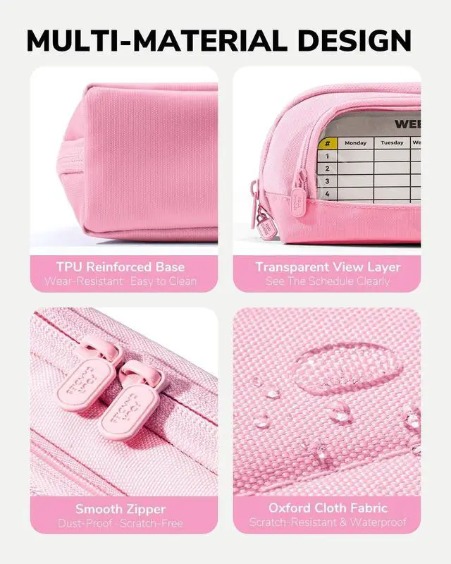 Alt view image 4 of 7 - Magnetic Triangular Pencil Case Pink | Magnetic Stay-Open Design, Stain-Resistant PP Inner Lining Waterproof Oxford Cloth, Transparent Pocket with Weekly Planner
