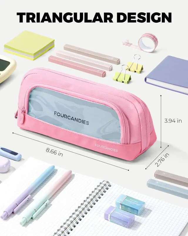 Alt view image 6 of 7 - Magnetic Triangular Pencil Case Pink | Magnetic Stay-Open Design, Stain-Resistant PP Inner Lining Waterproof Oxford Cloth, Transparent Pocket with Weekly Planner
