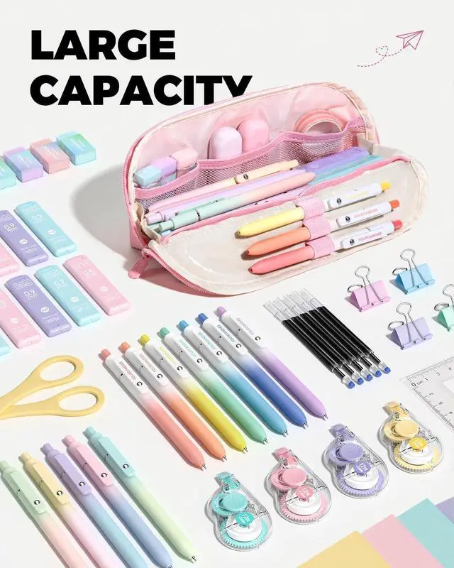 Alt view image 7 of 7 - Magnetic Triangular Pencil Case Pink | Magnetic Stay-Open Design, Stain-Resistant PP Inner Lining Waterproof Oxford Cloth, Transparent Pocket with Weekly Planner