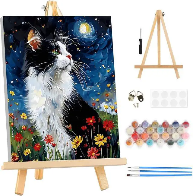 Main image of Night-Time Kitten Framed Canvas Paint by Numbers Art Kit for Adults and Kids, Beginner Acrylic Oil Painting Supplies with Wooden Frame for Home Wall Decor 20 * 30 cm/8 * 12 in