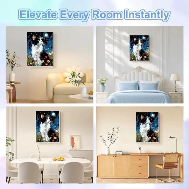 Alt view image 2 of 7 - Night-Time Kitten Framed Canvas Paint by Numbers Art Kit for Adults and Kids, Beginner Acrylic Oil Painting Supplies with Wooden Frame for Home Wall Decor 20 * 30 cm/8 * 12 in