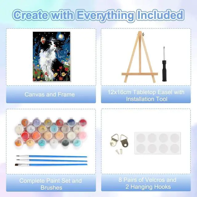 Alt view image 5 of 7 - Night-Time Kitten Framed Canvas Paint by Numbers Art Kit for Adults and Kids, Beginner Acrylic Oil Painting Supplies with Wooden Frame for Home Wall Decor 20 * 30 cm/8 * 12 in