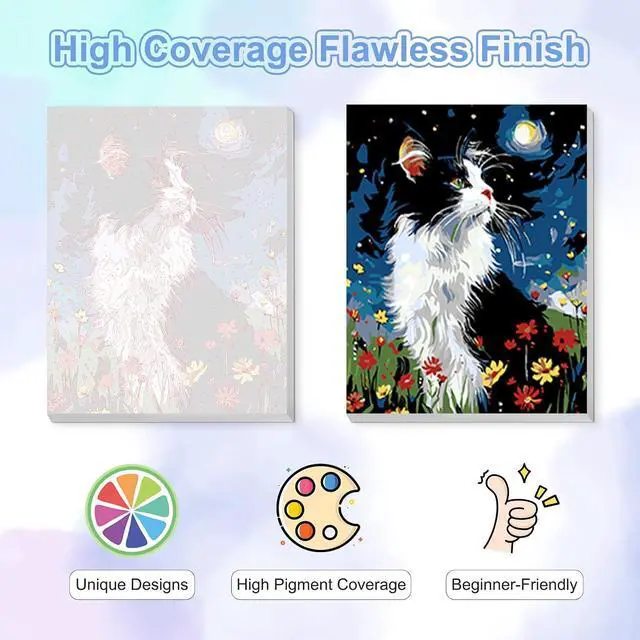 Alt view image 4 of 7 - Night-Time Kitten Framed Canvas Paint by Numbers Art Kit for Adults and Kids, Beginner Acrylic Oil Painting Supplies with Wooden Frame for Home Wall Decor 20 * 30 cm/8 * 12 in