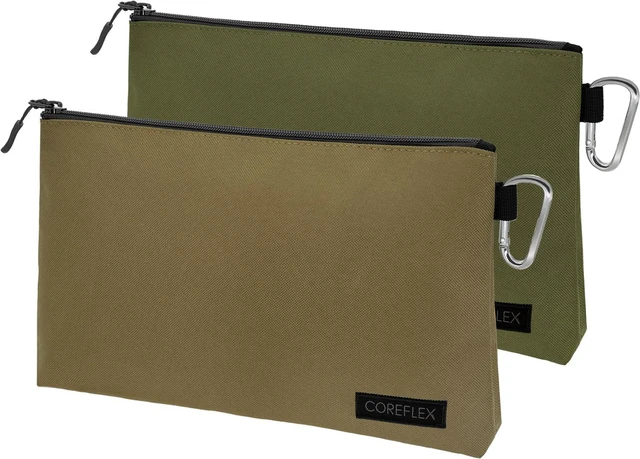 Main image of 2 Pack Premium Tool Pouch Zipper Bag with internal pockets, 12inch Tool Bag, Multipurpose Storage pouch, Flat Bottom for stand alone (2 Pack, Tan, Olive)