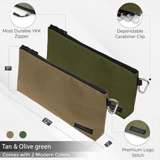 Alt view image 2 of 7 - 2 Pack Premium Tool Pouch Zipper Bag with internal pockets, 12inch Tool Bag, Multipurpose Storage pouch, Flat Bottom for stand alone (2 Pack, Tan, Olive)
