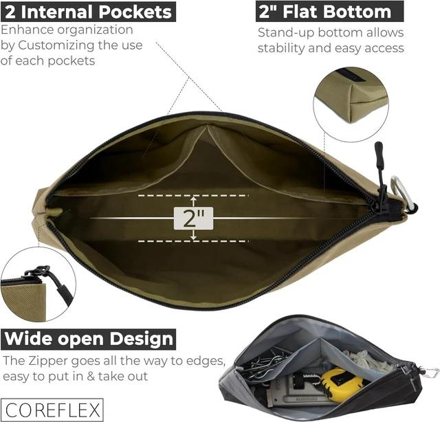 Alt view image 3 of 7 - 2 Pack Premium Tool Pouch Zipper Bag with internal pockets, 12inch Tool Bag, Multipurpose Storage pouch, Flat Bottom for stand alone (2 Pack, Tan, Olive)