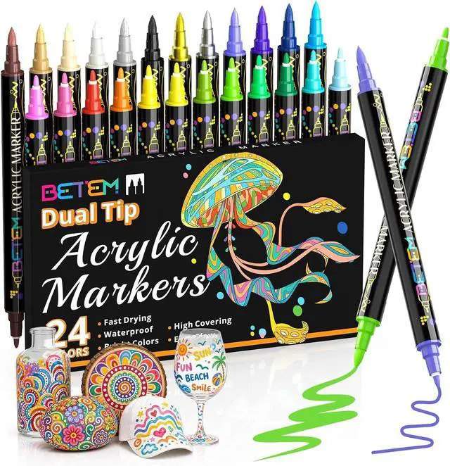 Main image of 24 Colors Paint Markers for Glass, Dual Tip Acrylic Paint Pens | Window, Fabric, Wood, Rock, Canvas, Acrylic Markers with Fine & Brush Tip, Art & Craft Supplies, Wine Glass Markers
