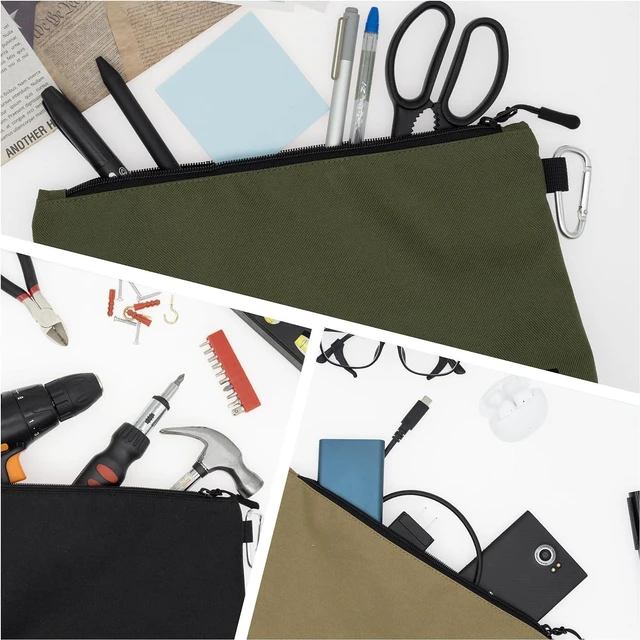 Alt view image 7 of 7 - 2 Pack Premium Tool Pouch Zipper Bag with internal pockets, 12inch Tool Bag, Multipurpose Storage pouch, Flat Bottom for stand alone (2 Pack, Tan, Olive)
