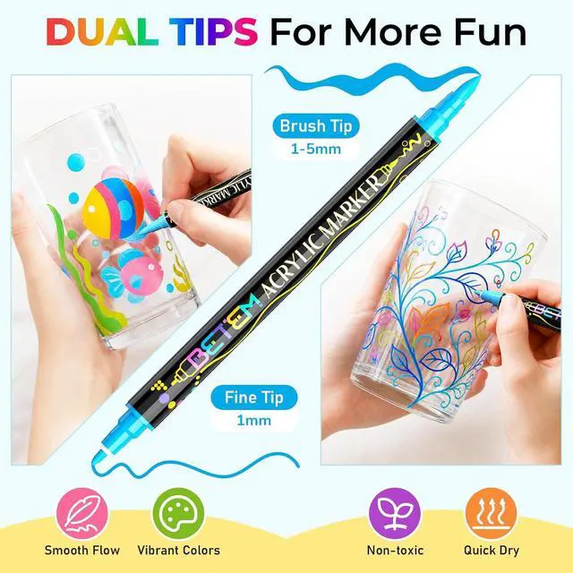 Alt view image 3 of 7 - 24 Colors Paint Markers for Glass, Dual Tip Acrylic Paint Pens | Window, Fabric, Wood, Rock, Canvas, Acrylic Markers with Fine & Brush Tip, Art & Craft Supplies, Wine Glass Markers
