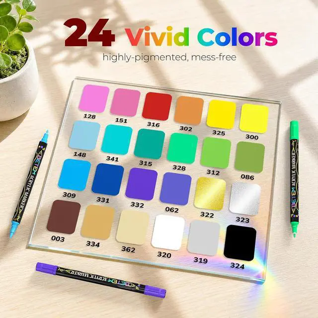 Alt view image 4 of 7 - 24 Colors Paint Markers for Glass, Dual Tip Acrylic Paint Pens | Window, Fabric, Wood, Rock, Canvas, Acrylic Markers with Fine & Brush Tip, Art & Craft Supplies, Wine Glass Markers