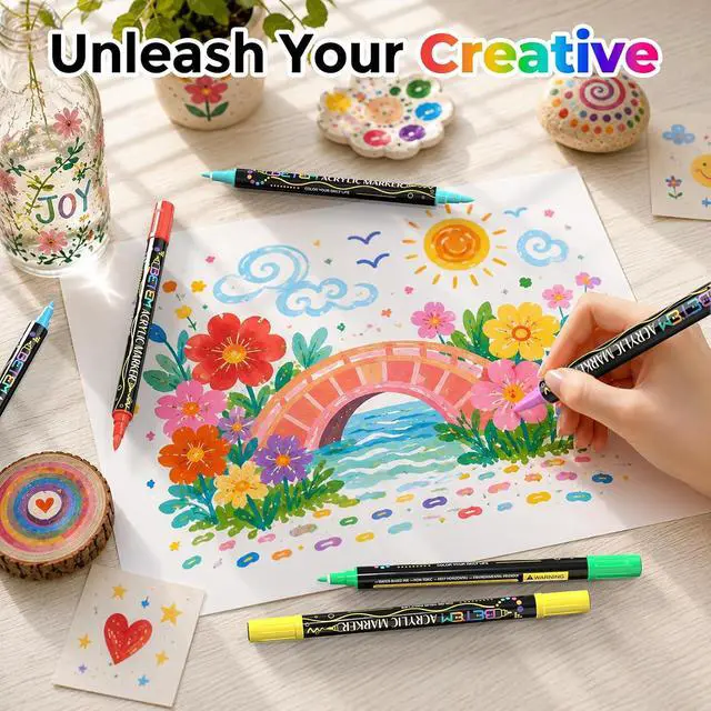 Alt view image 7 of 7 - 24 Colors Paint Markers for Glass, Dual Tip Acrylic Paint Pens | Window, Fabric, Wood, Rock, Canvas, Acrylic Markers with Fine & Brush Tip, Art & Craft Supplies, Wine Glass Markers