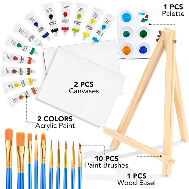 Alt view image 2 of 7 - 26 PCS Acrylic Paint Set with 12 Colors Acrylic Paints | 10 Paint Brushes, 2 Canvas, 1 Wood Easel, 1 Plate, Painting Supplies Kits for Kids, Adults, Artists and Beginners