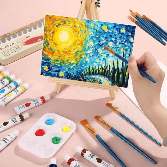 Alt view image 4 of 7 - 26 PCS Acrylic Paint Set with 12 Colors Acrylic Paints | 10 Paint Brushes, 2 Canvas, 1 Wood Easel, 1 Plate, Painting Supplies Kits for Kids, Adults, Artists and Beginners