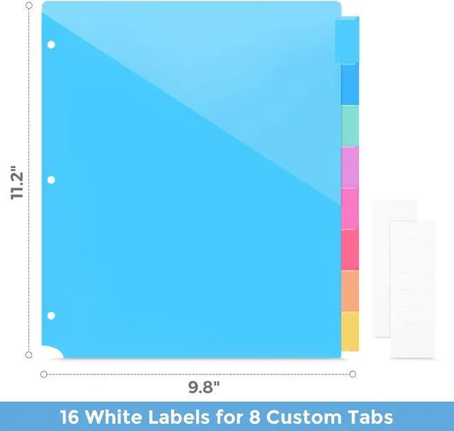 Alt view image 5 of 6 - Binder Dividers with Tabs and Pockets,8 Tab Dividers for 3 Ring Binder, Plastic Binder Dividers with 2 Pockets & 16 Blank Labels, Blue
