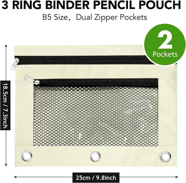 Alt view image 2 of 7 - Pencil Pouch for 3 Ring Binder, Heavy Duty Canvas Dual Zipper Pen Bag with Clear Window, Smooth Metal Zipper, Fit Standard 3-Ring Binders for School Office Travel Supplies (Beige)