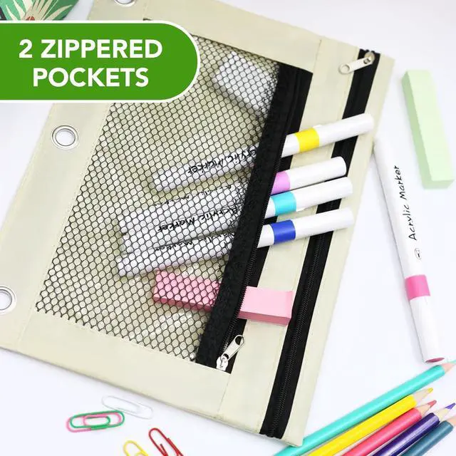 Alt view image 6 of 7 - Pencil Pouch for 3 Ring Binder, Heavy Duty Canvas Dual Zipper Pen Bag with Clear Window, Smooth Metal Zipper, Fit Standard 3-Ring Binders for School Office Travel Supplies (Beige)
