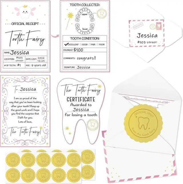 Main image of Mini Tooth Receipt Gifts - 20 Set Tooth Condition Cards with Envelope and Fairy Letter for Kids, Lost Teeth Certificate Keepsake Gift Bag with Stickers for Girls Boys Home School Award (Pink)