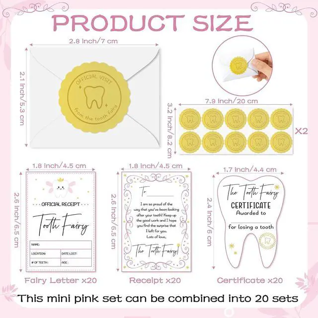Alt view image 2 of 7 - Mini Tooth Receipt Gifts - 20 Set Tooth Condition Cards with Envelope and Fairy Letter for Kids, Lost Teeth Certificate Keepsake Gift Bag with Stickers for Girls Boys Home School Award (Pink)