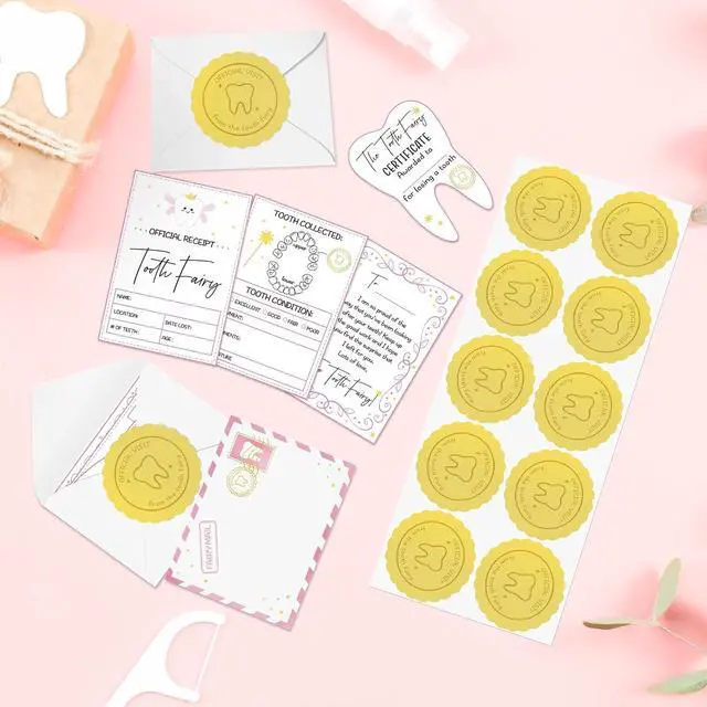 Alt view image 4 of 7 - Mini Tooth Receipt Gifts - 20 Set Tooth Condition Cards with Envelope and Fairy Letter for Kids, Lost Teeth Certificate Keepsake Gift Bag with Stickers for Girls Boys Home School Award (Pink)