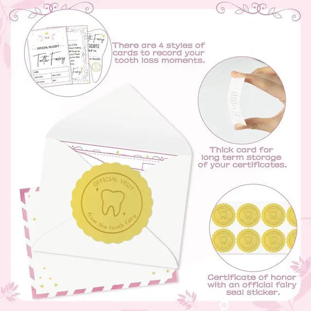 Alt view image 3 of 7 - Mini Tooth Receipt Gifts - 20 Set Tooth Condition Cards with Envelope and Fairy Letter for Kids, Lost Teeth Certificate Keepsake Gift Bag with Stickers for Girls Boys Home School Award (Pink)