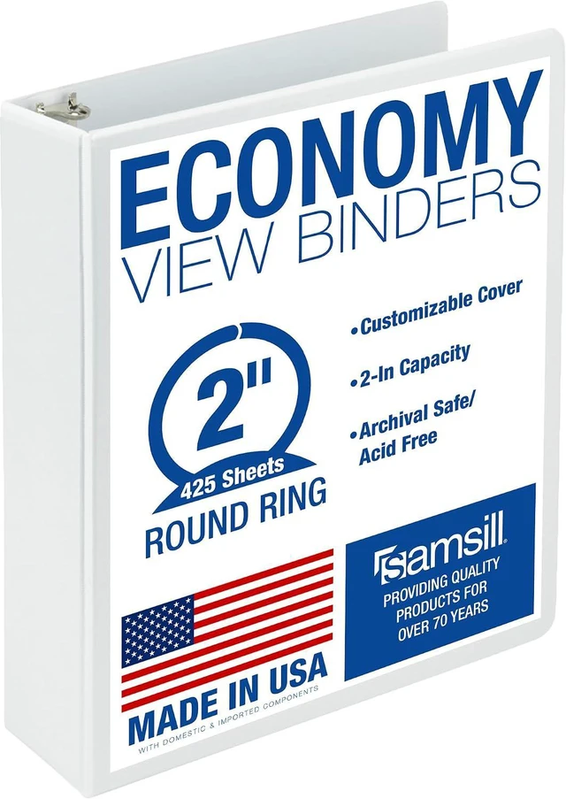 Main image of 2 Inch 3 Ring Binder, Economy Round Ring, Clear View Cover, 425 Sheet Capacity - for School, Home, Office - White