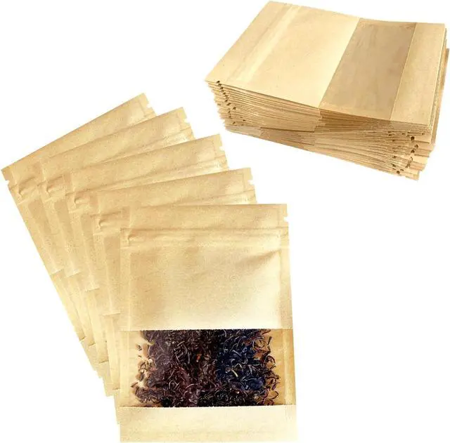Main image of 50Pack Small Resealable Coin Envelopes Bags with Clear Window Mini Brown Kraft Paper Heat Seal Airtight Packaging Bags Zipper Seal Resealable Heat Seal Pouch Coffee Packaging 3.54x5.1inch