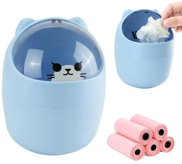 Main image of Mini Trash Can, Cute Small Trash Can with Lid, Desktop Paper Bin with 5 Rolls of Bin Liners, Portable Tabletop Dustbin, Cartoon Animal Rubbish Storage for Kitchen(Blue)