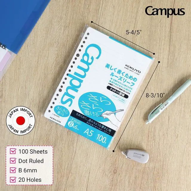 Alt view image 2 of 7 - Kokuyo Campus A5 Loose Leaf Paper, 20-Hole 6mm Dot-Ruled, 100 Sheets 75GSM