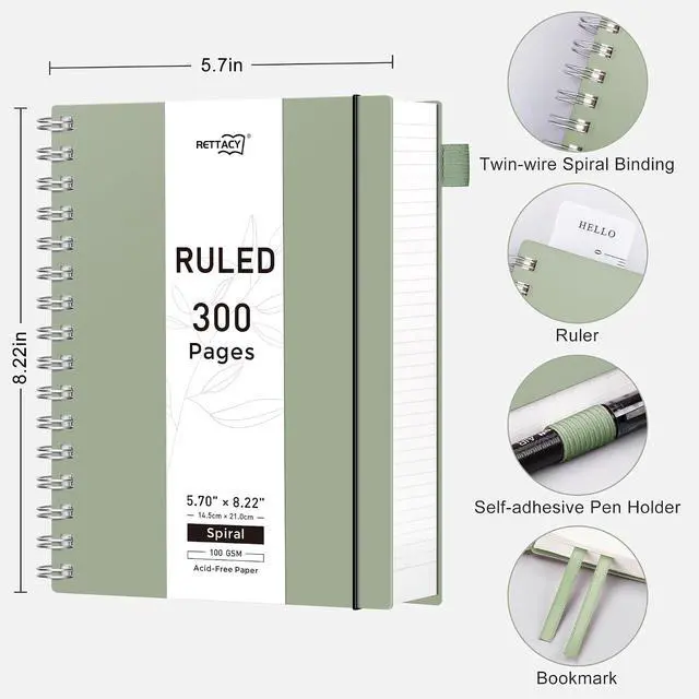Alt view image 2 of 7 - Spiral College Ruled Notebook, 300 Pages, A5 Size (5.7" x 8.2") | 100 GSM Thick Paper, Flexible Plastic Cover, for School, Work, Writing, Journaling (Light Green)