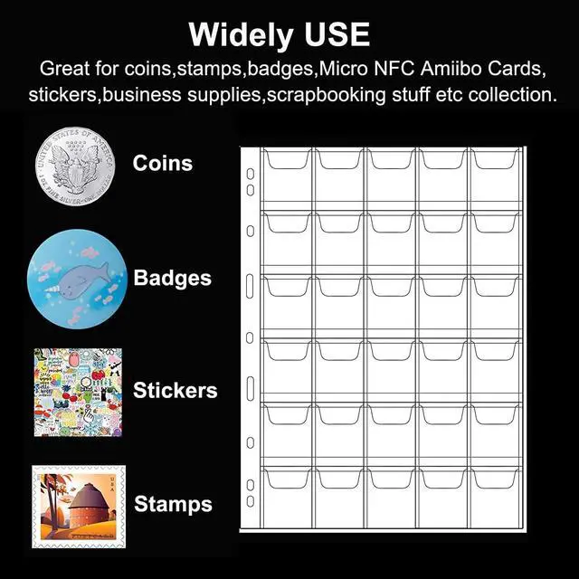 Alt view image 2 of 6 - 10 Sheets (30 Pockets Each Sheet) Coin Collection Pages,Coin Binder Inserts Sleeves 9 Hole for Coin Album,Collecting Protectors Silver Dollar Bill Quarters Penny Stamp Currency 10 Pack