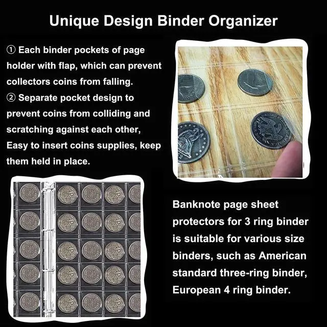 Alt view image 3 of 6 - 10 Sheets (30 Pockets Each Sheet) Coin Collection Pages,Coin Binder Inserts Sleeves 9 Hole for Coin Album,Collecting Protectors Silver Dollar Bill Quarters Penny Stamp Currency 10 Pack