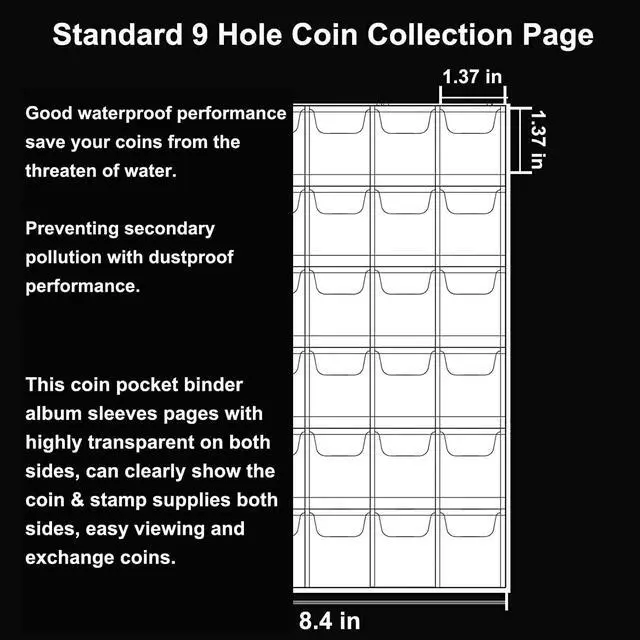 Alt view image 5 of 6 - 10 Sheets (30 Pockets Each Sheet) Coin Collection Pages,Coin Binder Inserts Sleeves 9 Hole for Coin Album,Collecting Protectors Silver Dollar Bill Quarters Penny Stamp Currency 10 Pack